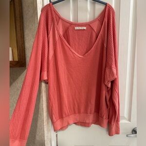 Coral V-Neck Waffle Knit Sweater by We The Free (Free People)